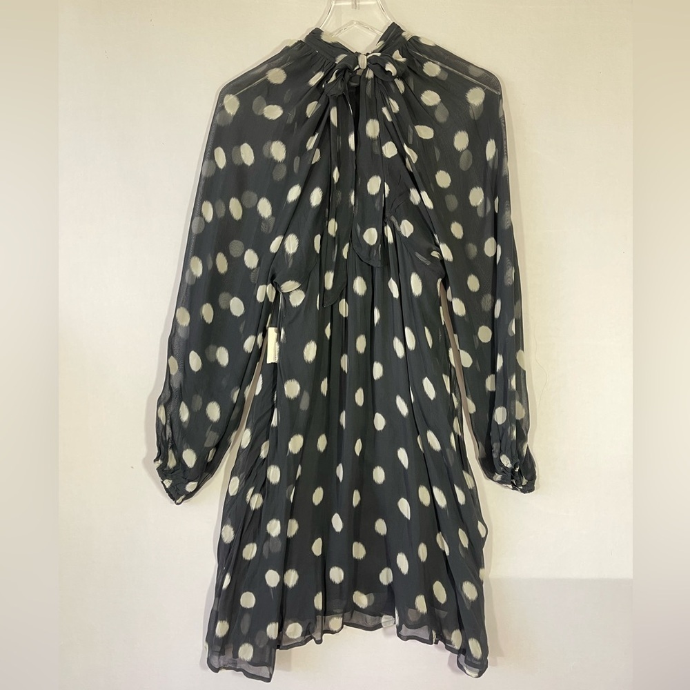 Maeve Sheer Polka Dot Mini Swing Dress Puff Sleeves Tie Neck - Picture 9 of 12